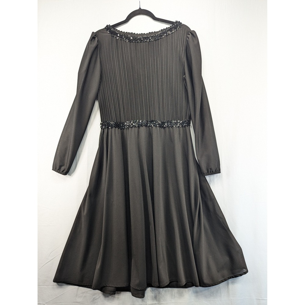 Boston Maid Black Beaded‎ Pleated Long Sleeve Midi Dress Size 16